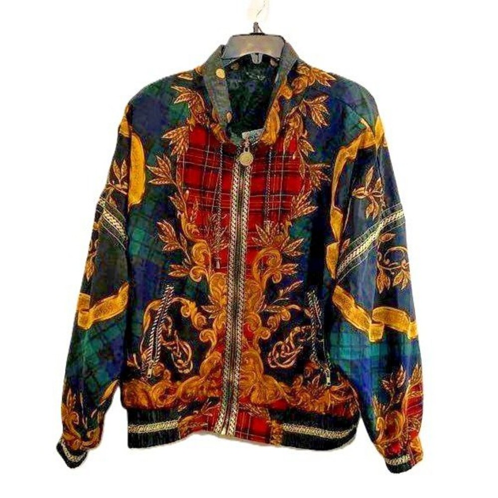 Vintage Gallery Sport Baroque Plaid Bomber Jacket Silk Look Womens M